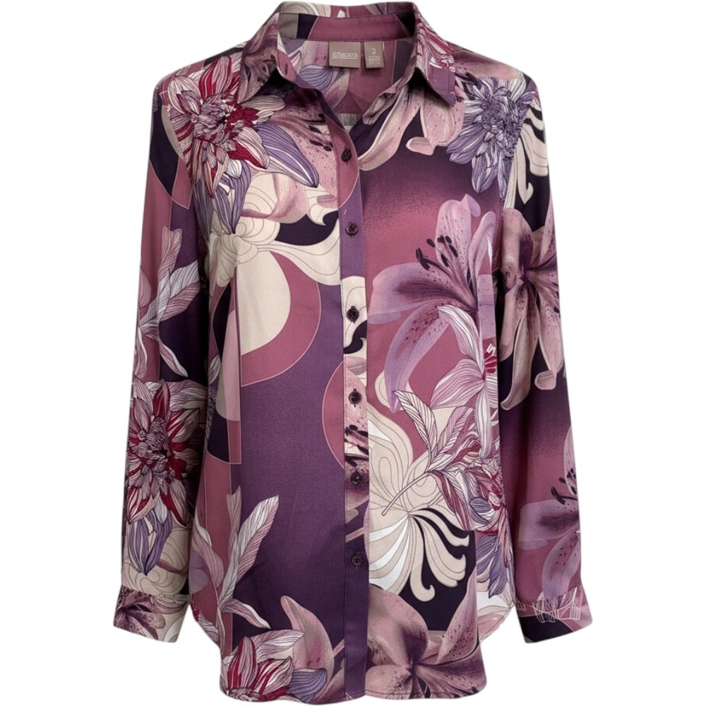 Chicos Purple Floral Lily Button Down Blouse Long Sleeve Size 2 Large